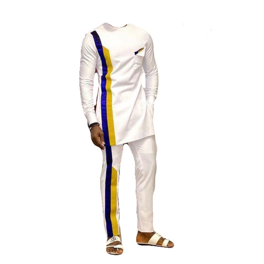 African Wear Men's Long Sleeve Two Piece Set Black- yellow Stripe Over White Top Shirt With Matching Trouser