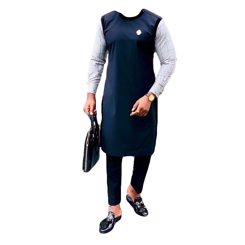 African Wear Men's Long Sleeve Navy & Light Grey Two Piece Set Plain Top Shirt With Matching Trouser