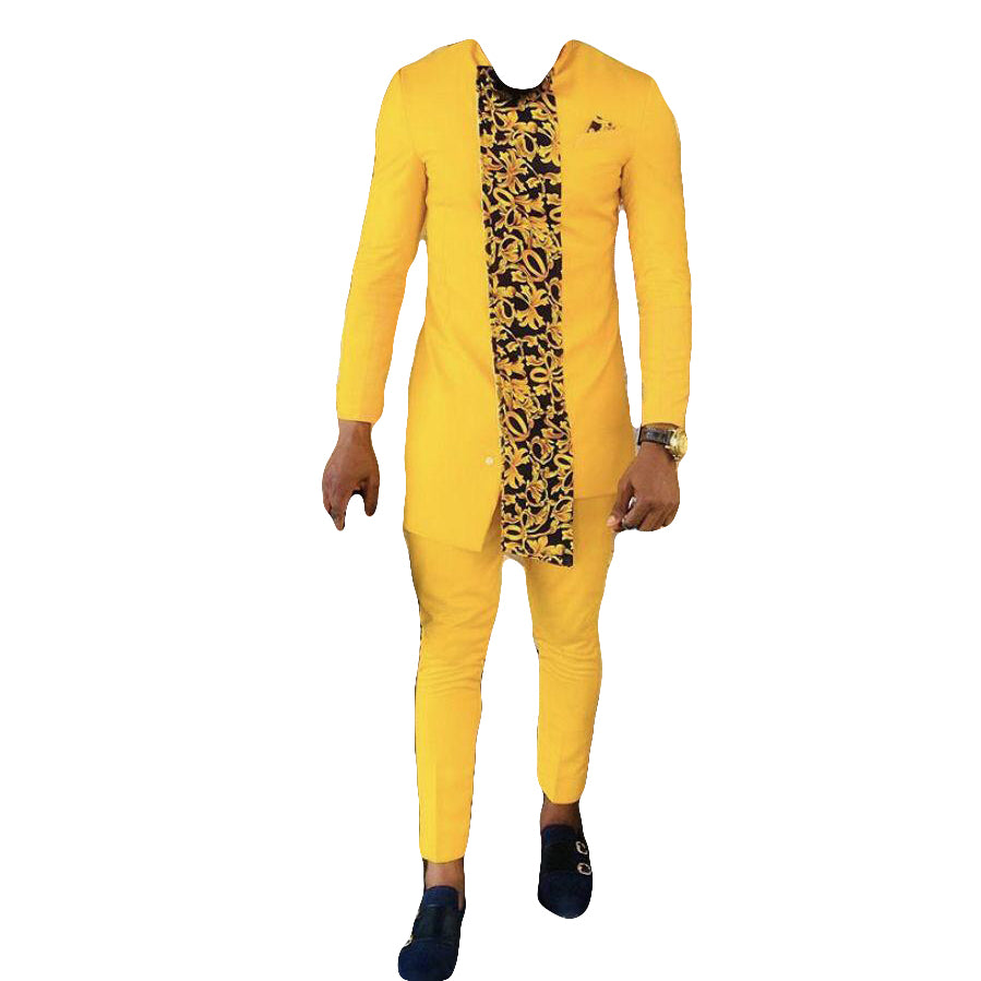 African Wear Men's Long Sleeve Yellow Prited Two Piece Set Printed Top Shirt With Matching Trouser