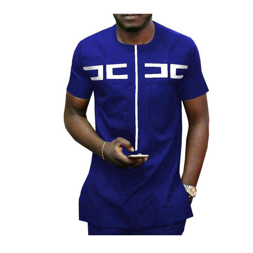 African Men's Wear Outfits Short Sleeve Dark Blue and White Tops Shirt