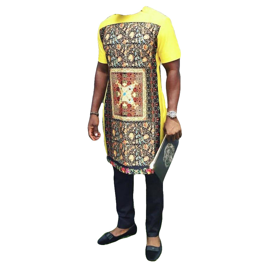 African Men's Wear Clothing Short Sleeve Two Piece Set Green Yellow Multicolor Printed Tops Shirt With Trouser