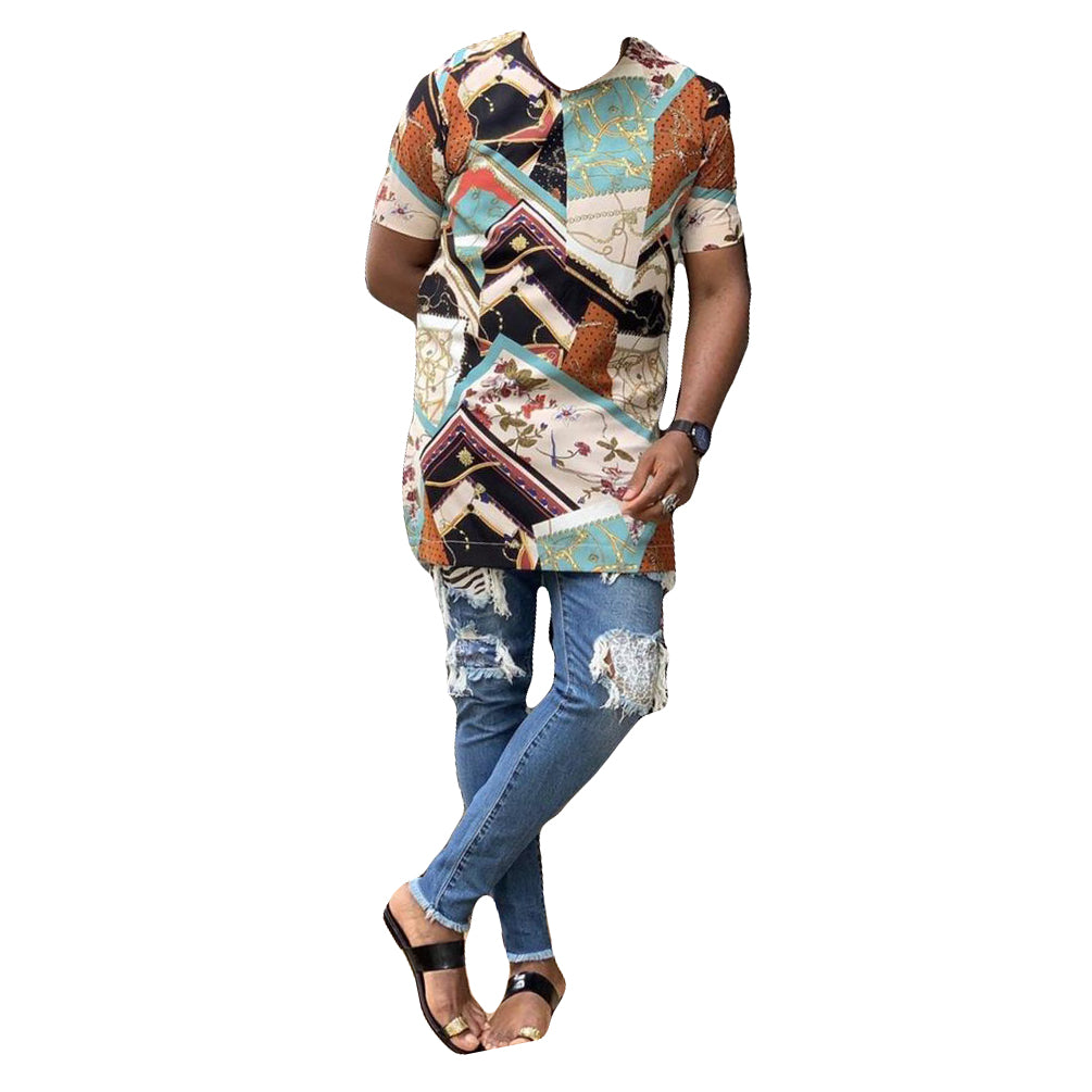 African Men's Clothing Short Sleeve Casual Multicolor Printed Two Piece Set Top Shirt With Pant