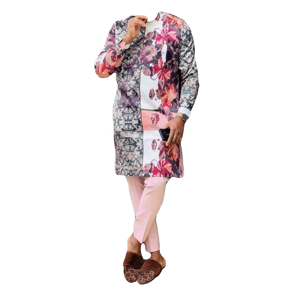 African Men's Wear Outfits Printed Pink Multicolor Long Sleeve Two Piece Set Top Shirt With Trouser
