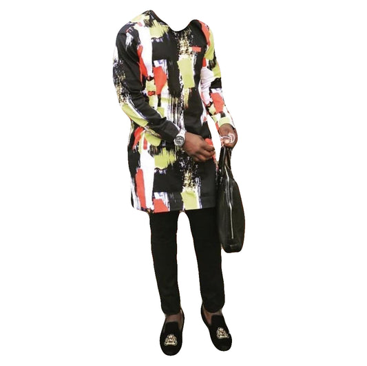 African Men's Printed Multicolor Outfits Long Sleeve Two Piece Set Top Shirt With Trouser