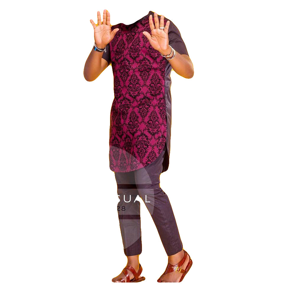 African Men's Clothing Short Sleeve Two Piece Set Printed Red & Black Top Shirt With Trouser