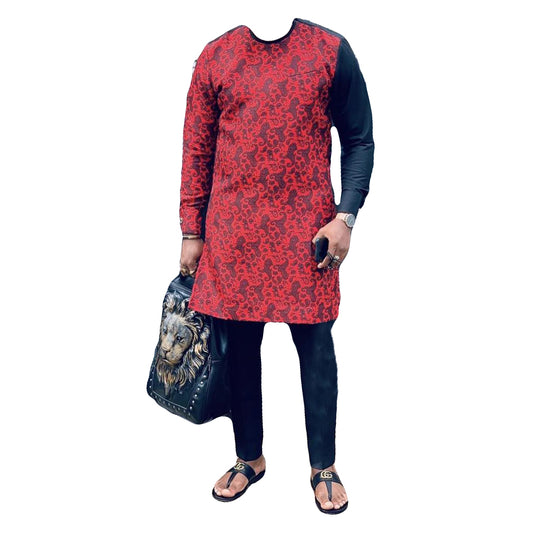 African Men's Outfits Long Sleeve Printed Red & Nevy Blue Two Piece Set Top Shirt With Trouser
