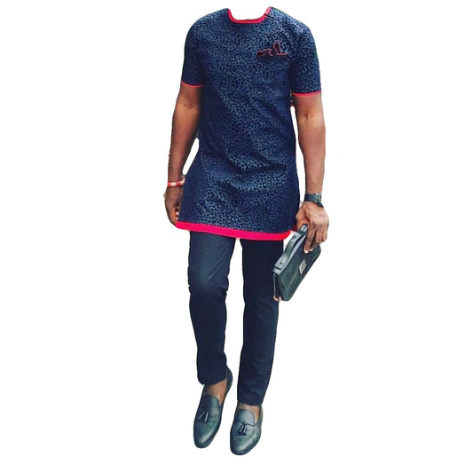African Men's Outfits Short Sleeve Solid Navy & Red Border Two Piece Set Top Shirt With Matching Trouser