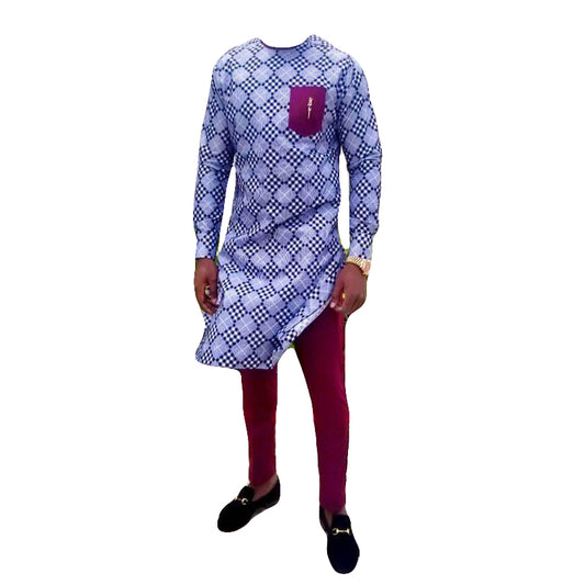 African Men's Outfits Long Sleeve Purple & Magenta Two Piece Set Printed Top Shirt With Trouser