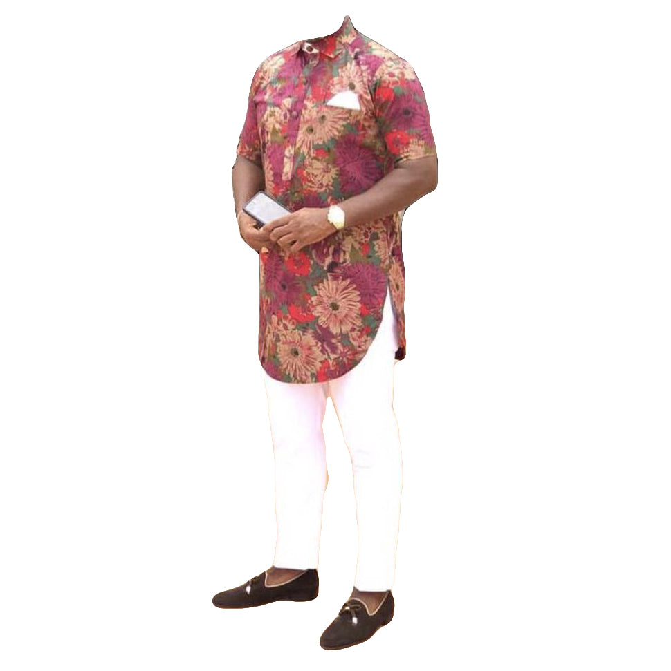 African Men's Outfits Short Sleeve Printed Colorful Flowers Two Piece Set Top Shirt With Trouser