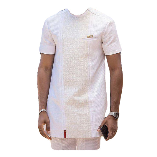 African Men's Outfits Solid White & Lavender Two Piece Set Short Sleeve Top Shirt With Matching Trouser