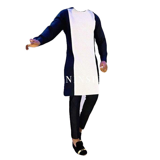 African Men's Wear Cloathing Two Piece Set Long Sleeve White and Black Printed Top Shirt With Matching Trouser