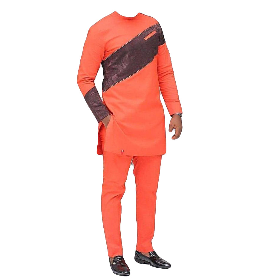 African Men's Wear Cloathing Two Piece Set Long Sleeve Orange and Black Striped Top Shirt With Matching Trousar