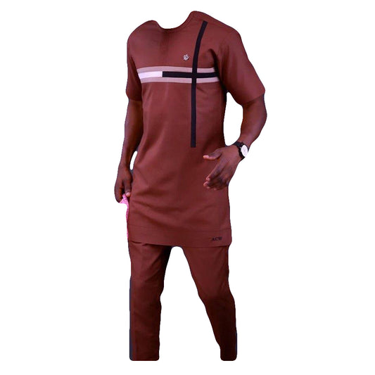 African Men's Wear Cloathing two Piece Set Short Sleeve Unique Wine Black Striped Top Shirt With Matching Trousar