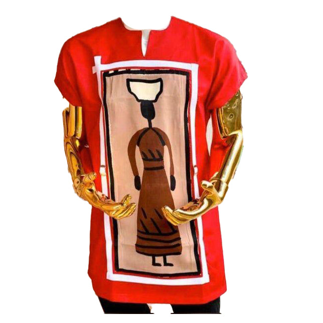 African Men's Clothing Outfits Short Sleeve Women Painted Red Tops Shirt