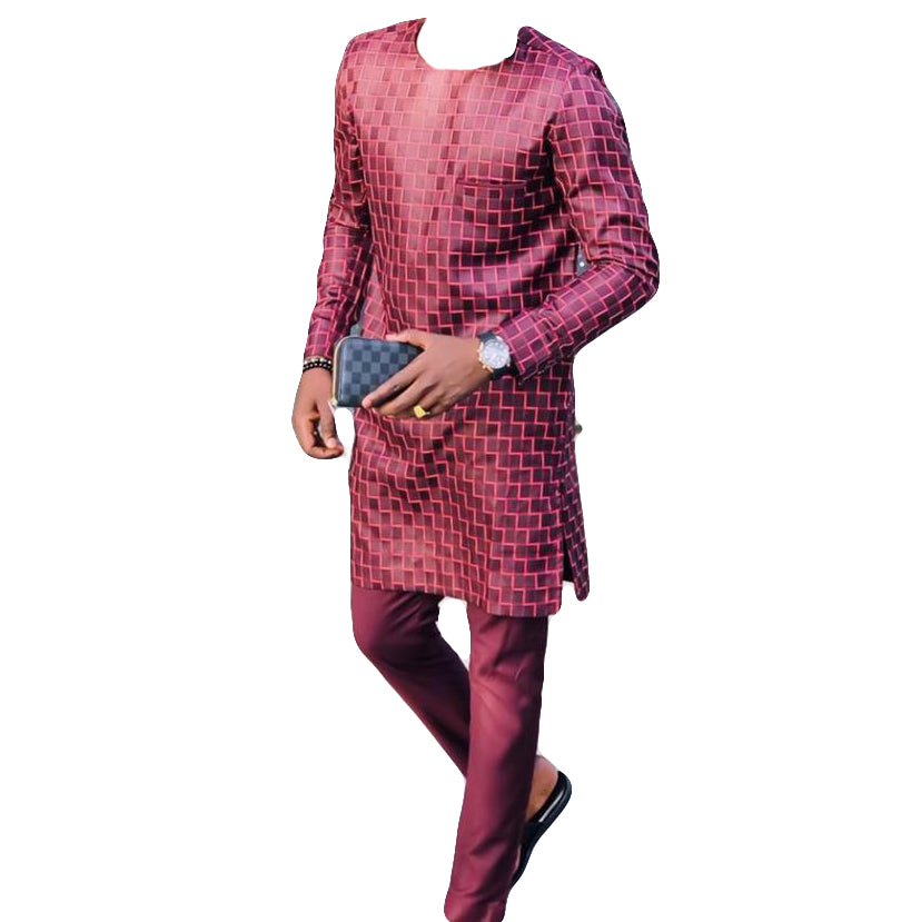 African Men's Wear Cloathing two Piece Set Long Sleeve Unique Magenta Striped Top Shirt With Matching Trousar