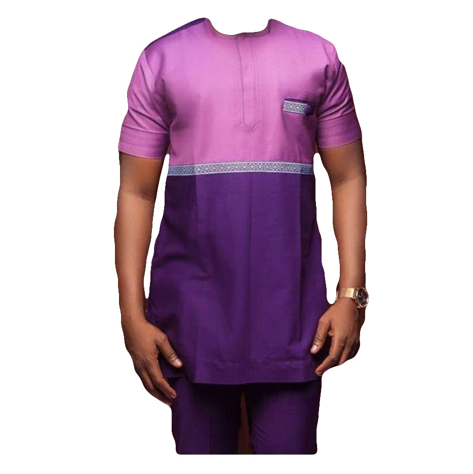 African Men's Clothing Outfits Short Sleeve Magenta Pink Stripe Tops Shirt