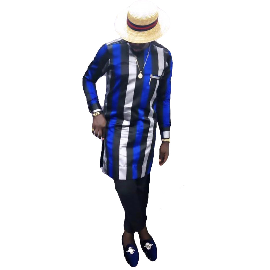 African Men's Wear Outfits Long Sleeve Blue-Black & White Two Piece Set Multicolor Striped Top Shirt With Trouser
