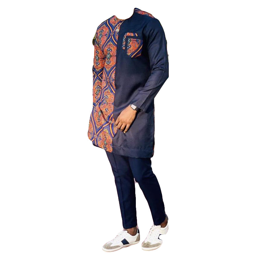 African Men's Wear Outfits Long Sleeve Two Piece Set Black & Orange Multicolor Printed Tops Shirt With Trouser