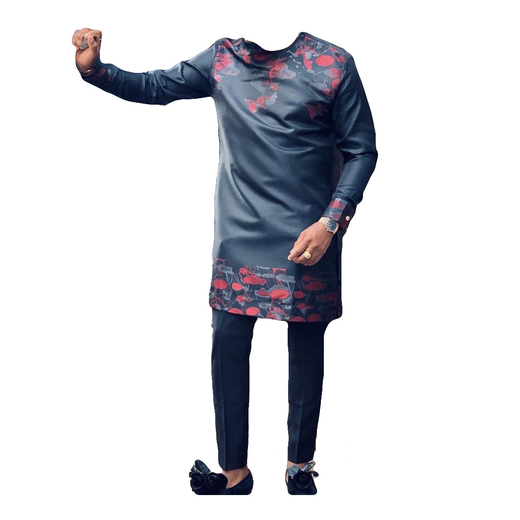 African Men's Wear Outfits Long Sleeve Two Piece Set Dark Grey Blue Printed Tops Shirt With Trouser