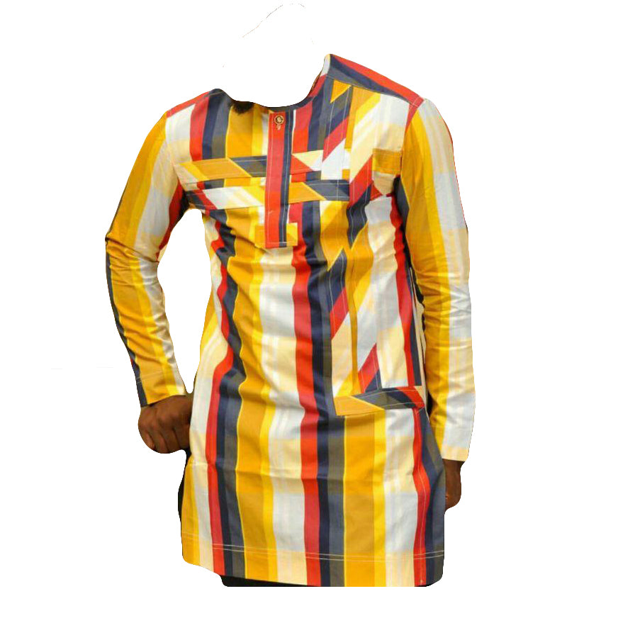 African Men's Wear Outfits Long Sleeve Yellow Black Red Multicolor Stripe Tops Shirt