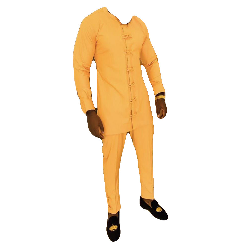 African Men's Wear Outfits Long Sleeve Two Piece Set Apricot Tops Shirt With Matching Trouser