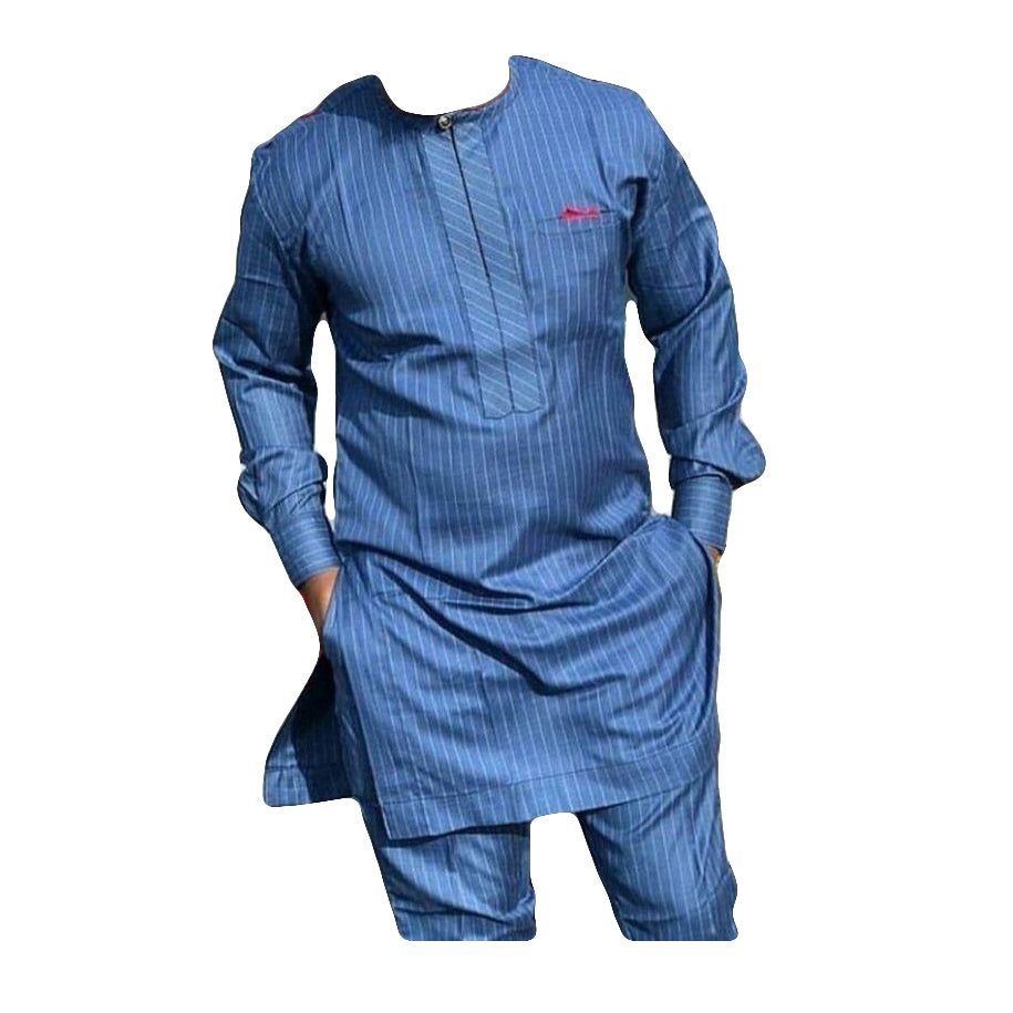 African Men's Wear Outfits Long Sleeve Two Piece Set Cool Blue Tops Shirt With Matching Trouser