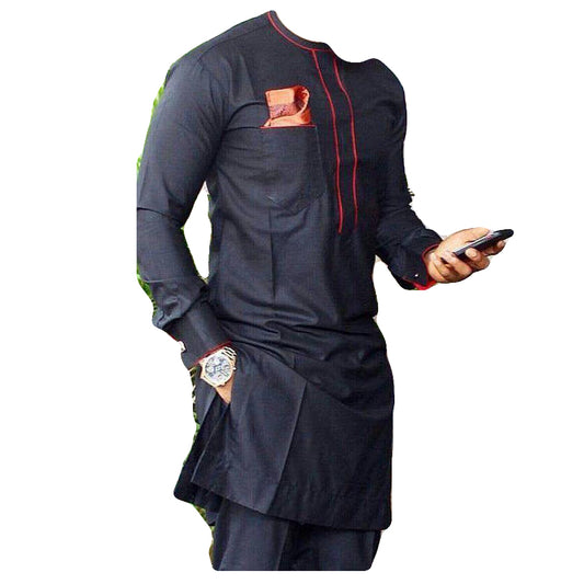 African Men's Wear Outfits Long Sleeve Two Piece Set Black Tops Shirt With Matching Trouser