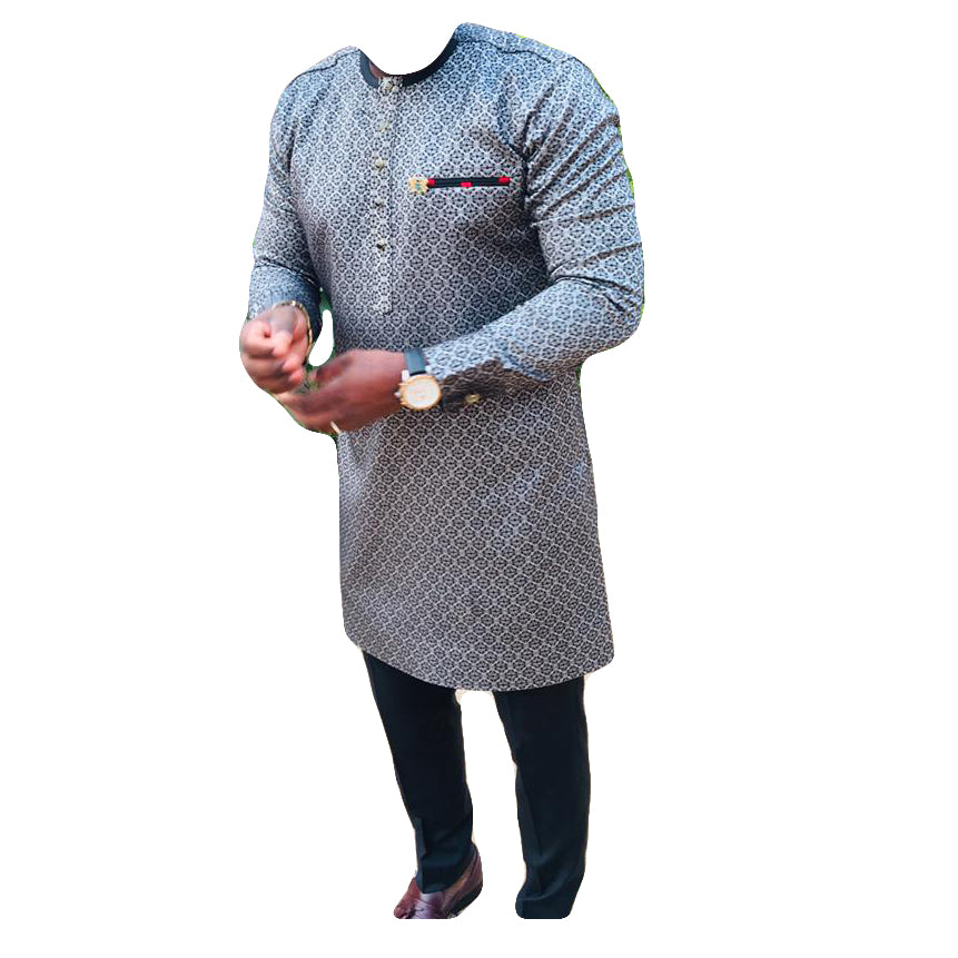 African Men's Wear Outfits Two Piece Set Long Sleeve Grey Black Tops Shirt With Trouser