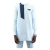 African Men's Clothing Outfits Two Piece Set Long Sleeve Aqua Blue Tops Shirt With Matching Trouser