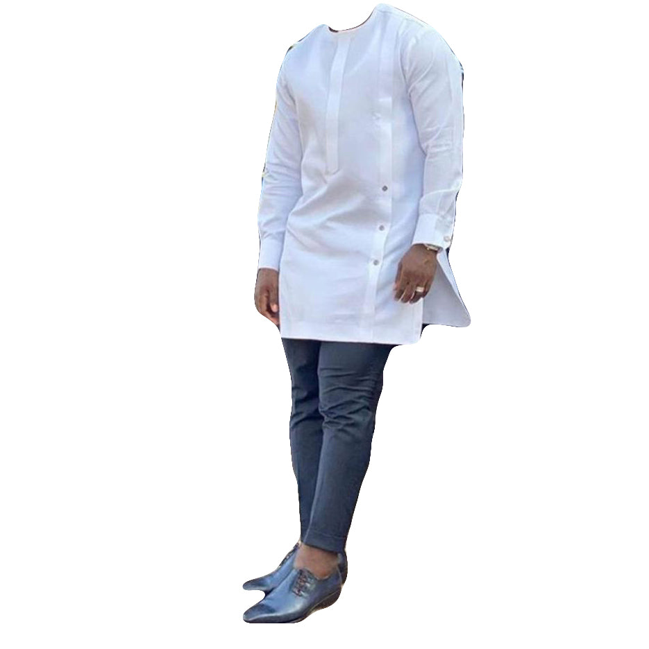 African Men's Clothing Outfits Two Piece Set Long Sleeve White & Black Tops Shirt With Matching Trouser