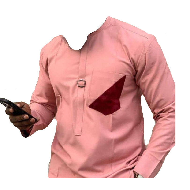 African Men's Wear Outfits Long Sleeve Sweet Pink Stripe Tops Shirt