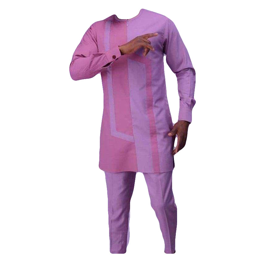 African Men's Clothing Outfits Two Piece Set Long Sleeve Trendy Pink Stripe Tops Shirt With Matching Trouser