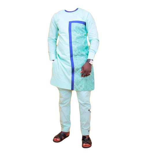 African Men's Clothing Outfits Two Piece Set Long Sleeve Aqua Blue Stripe Tops Shirt With Trouser