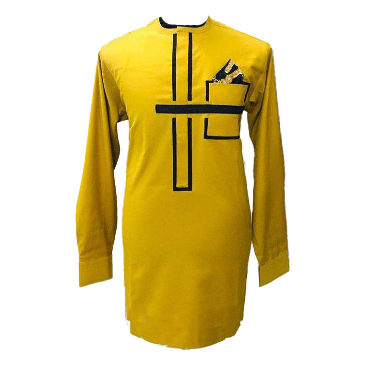 African Men's Wear Outfits Long Sleeve Stylish Yellow-Black Unique Top Shirt