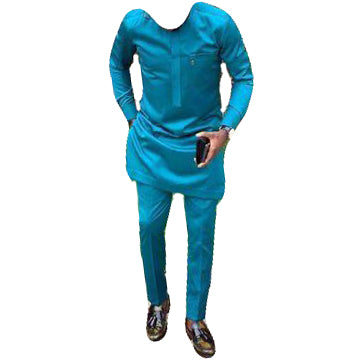 African Men's Wear Outfits Long Sleeve Stylish Ocean Blue Top Shirt With Touser 2 Piece Set