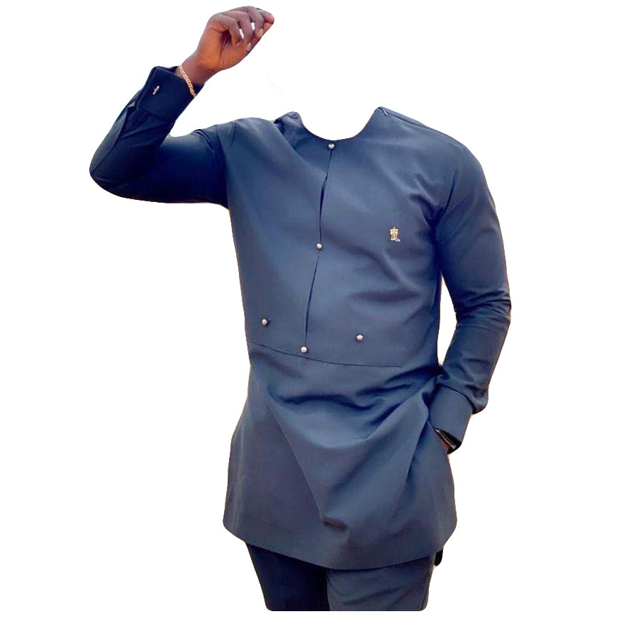 African Men's Clothing Outfits Long Sleeve Stylish Grey Blue Top Shirt