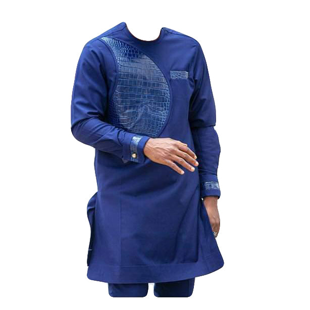 African Men's Outfits Long Sleeve Stylish Blue Embroidered Top Shirt