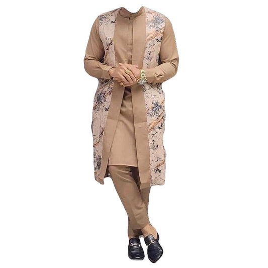 African Men's Clothing Long Sleeve Stylish Brown Print Top with Trouser 2 Piece Set