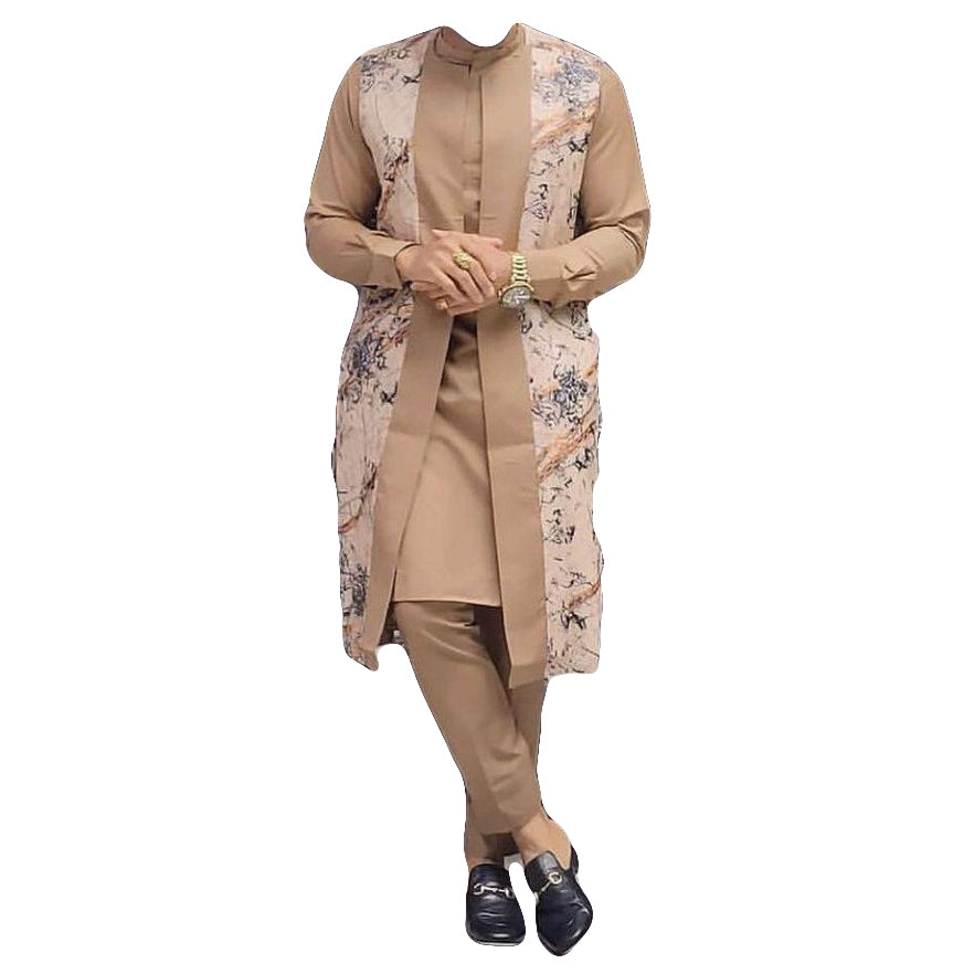 African Men's Clothing Long Sleeve Stylish Brown Print Top with Trouser 2 Piece Set