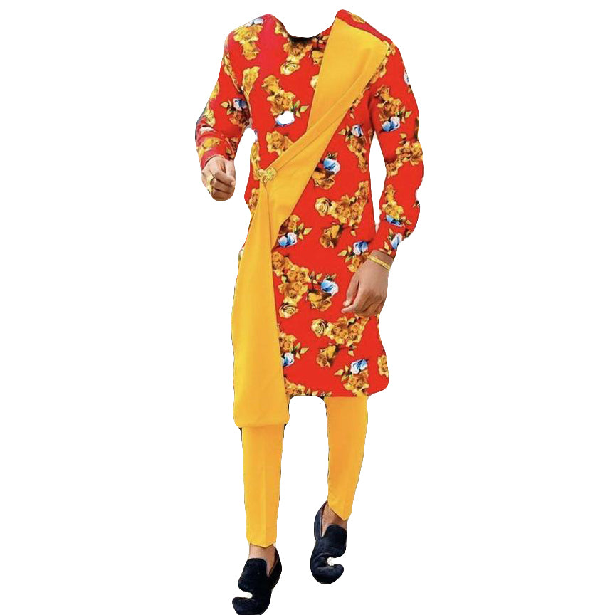 African Men's Clothing Long Sleeve Orange-Yellow Printed Top with Trouser 2 Piece Set