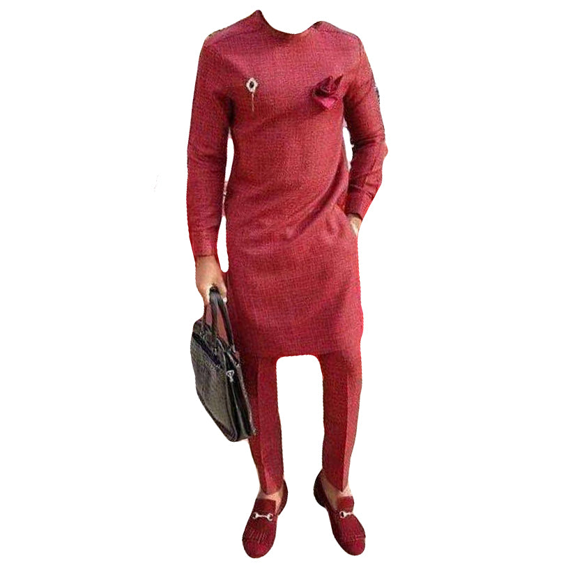 African Men's Outfits Long Sleeve Stylish Red Top Shirt With Trouser 2 Piece Set
