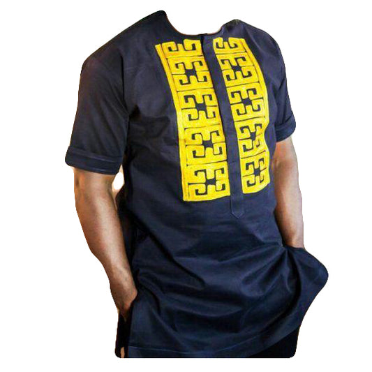African Clothing Men's Short Sleeve Navy Blue & Yellow Printed Stylish Top Shirt
