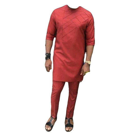 African Men's Outfits Long Sleeve Solid Red Stylish Tops And Trouser 2 Piece Set