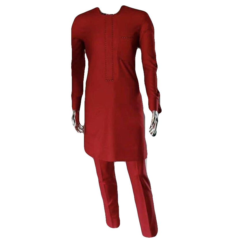 African Men's Outfits Long Sleeve Maroon Stylish Tops And Trouser 2 Piece Set