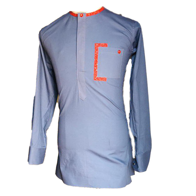 African Men's Clothing Long Sleeve Stylish Light Grey Blue Tops