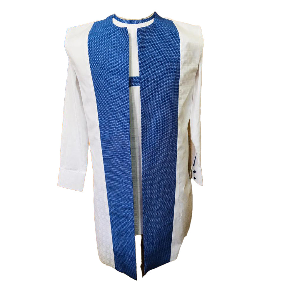 African Men's Outfits Long Sleeve Stylish White and Blue Tops