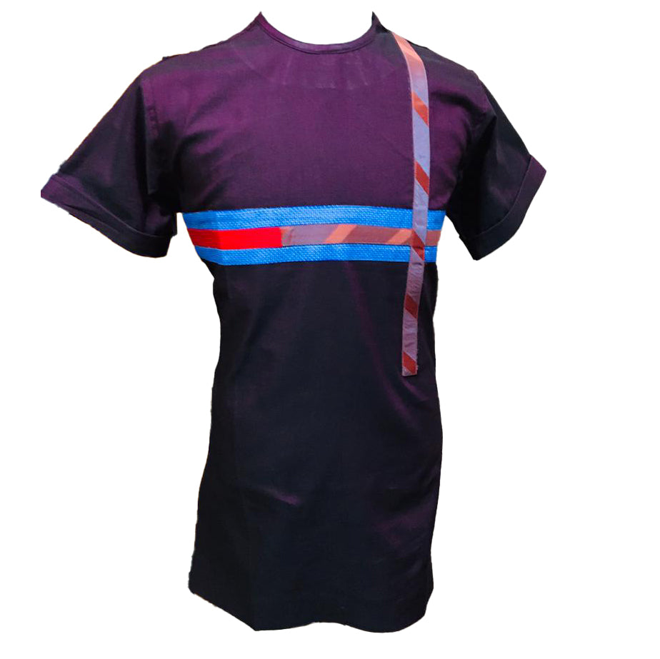 African Men's Wear Clothing Short Sleeve Black & Maroon Multicolor Stripe Printed Tops Shirt