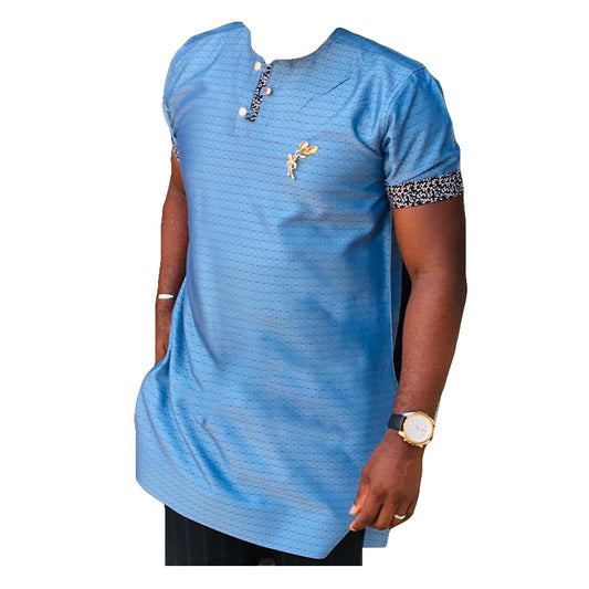 African Outfit Men's Wear Day Sky Blue Stripe Printed Short Sleeve Top Shirt