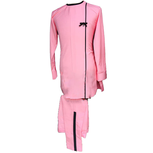 African Outfit Men's Wear Baby Pink And Black Stripe 2 Piece set Long Sleeve Top Shirt With Trouser