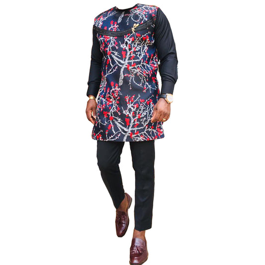 African Outfit Men's Cloathing Two Piece set Black & Pink Printed Long Sleeve Top